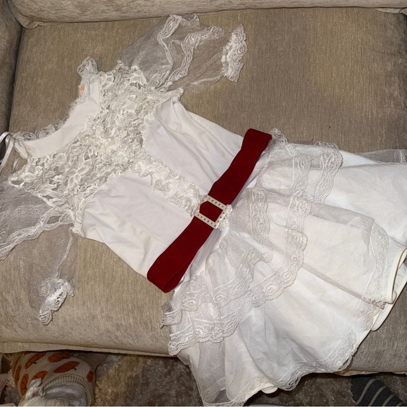White Lace Dress with Red Belt - Picture 2 of 5